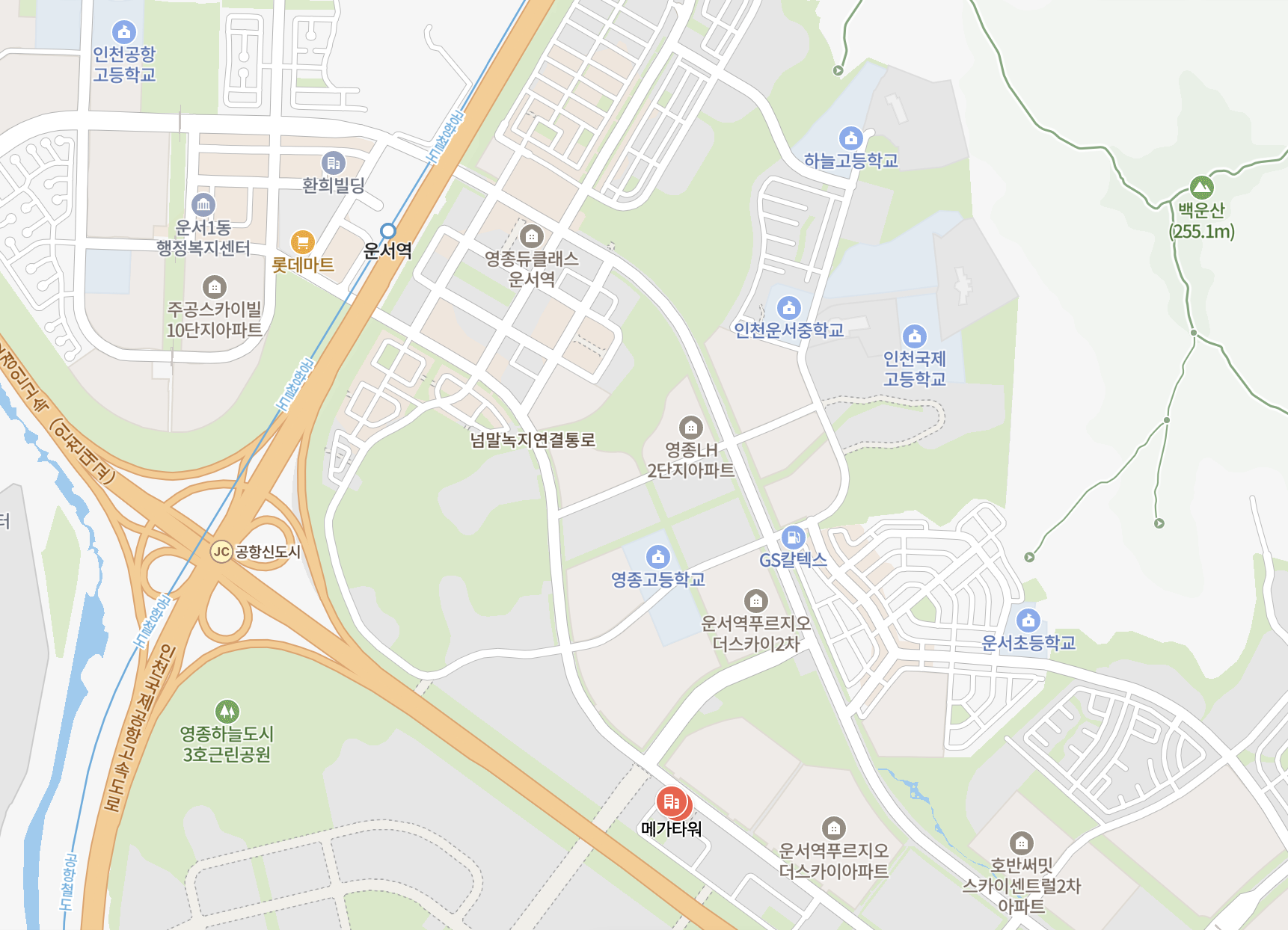 운서역에서 메가타워(영종루터교회 예정지)까지 약도